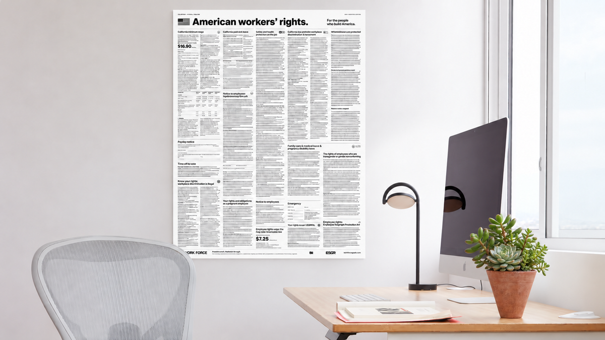 Modern White California workplace poster displayed beside a desk in a light contemporary office