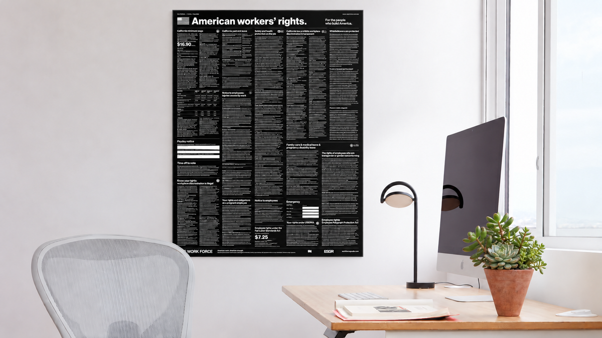 Modern Black California workplace poster displayed above a desk in a contemporary office
