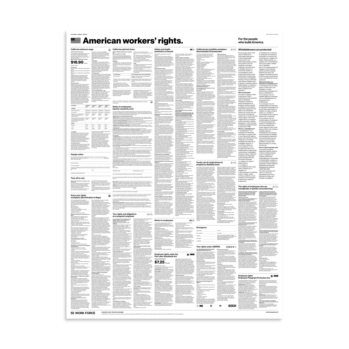 2026 California & Federal Labor Law Poster — Modern White 30×40