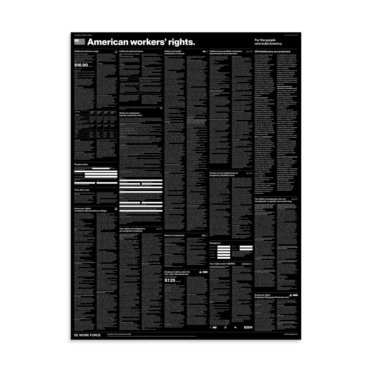 Modern Black 2026 California and federal labor law poster, 30×40 inches, with white employer writing fields