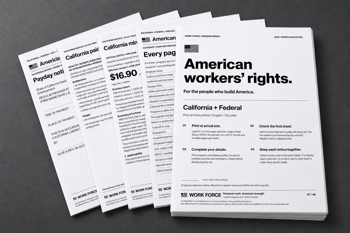 Work Force print-at-home PDF fanned pages on a cool charcoal background.