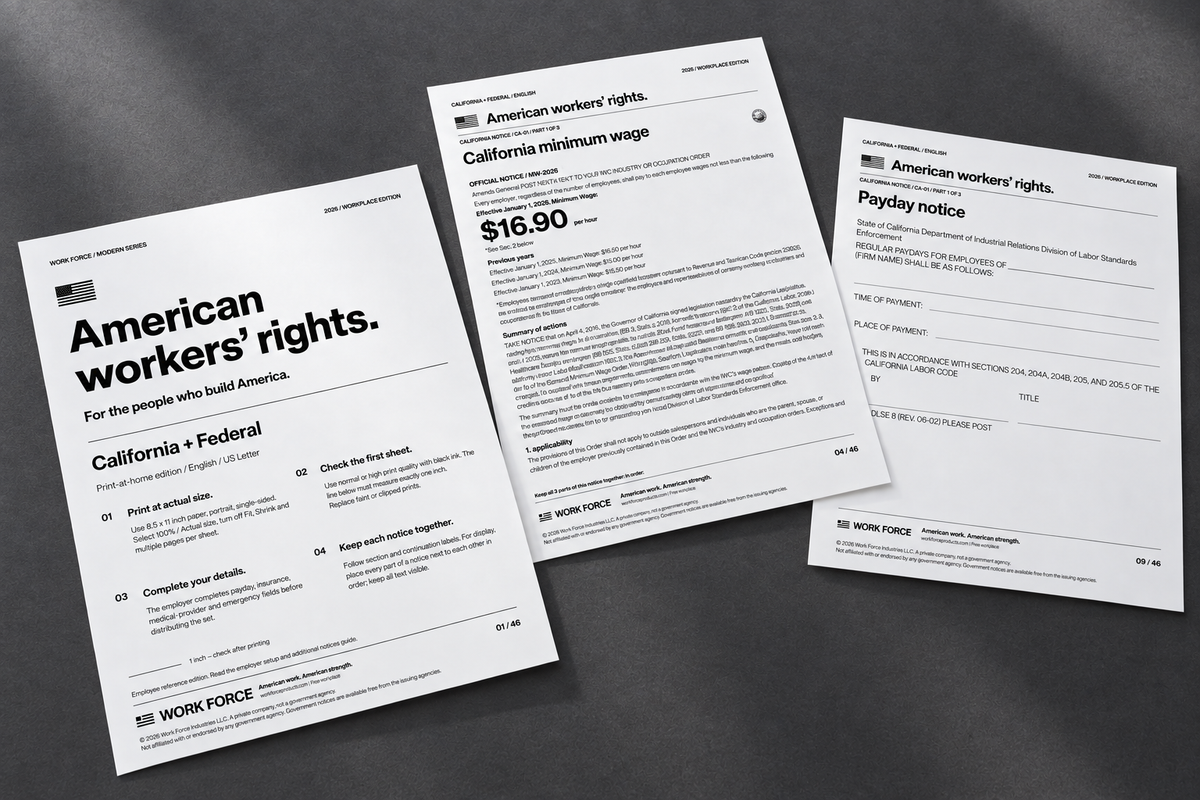 Work Force print-at-home PDF loose pages on a cool charcoal background.