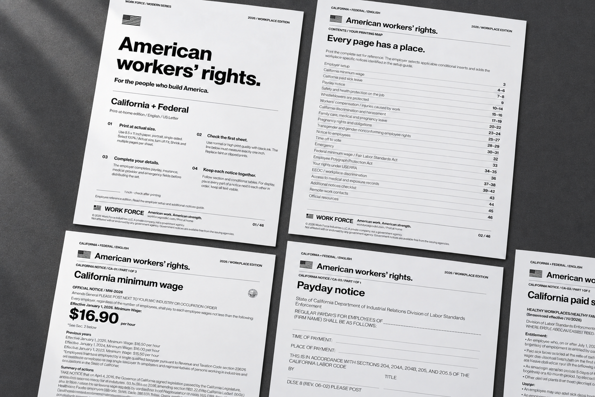 Work Force print-at-home PDF page grid on a cool charcoal background.